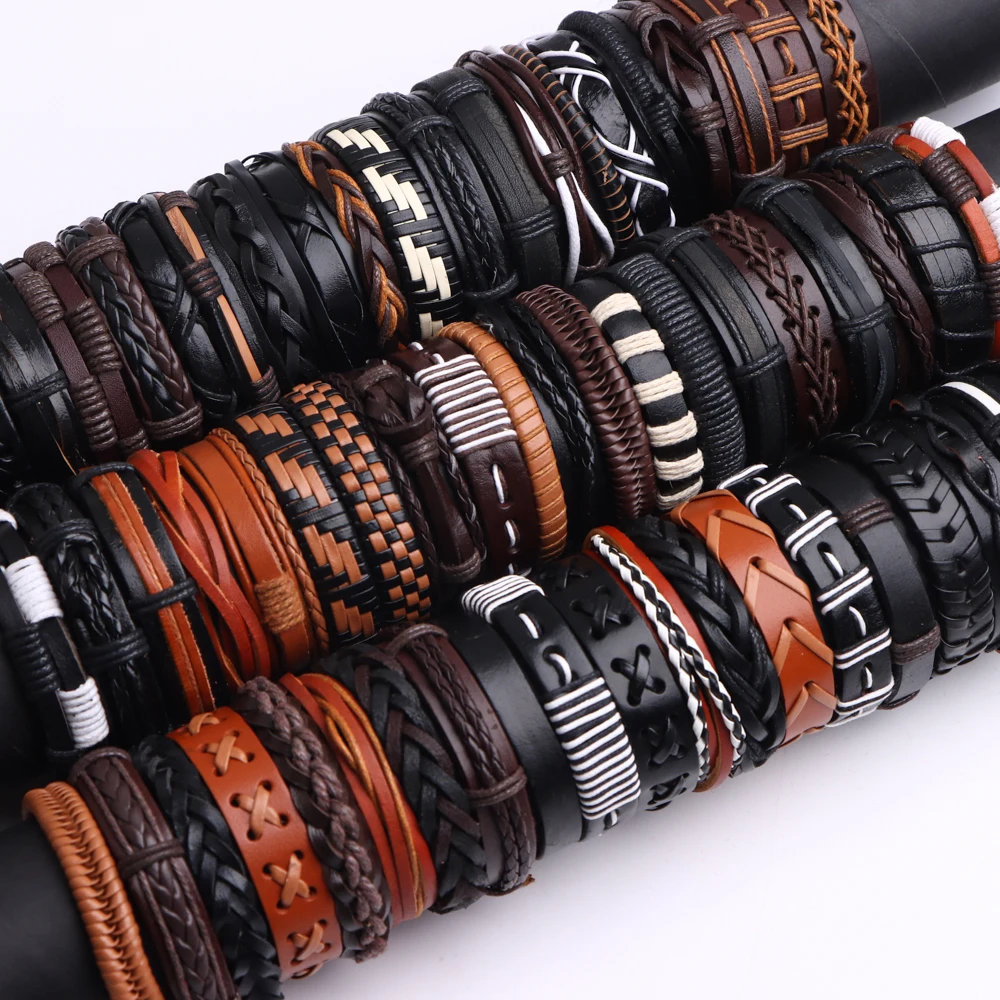 30Pcs/Lot Retro Vintage Leather Cuff Handmade Bracelets Colorful Bangle For Women Men Mix Styles Adjustable Jewelry Party Gifts