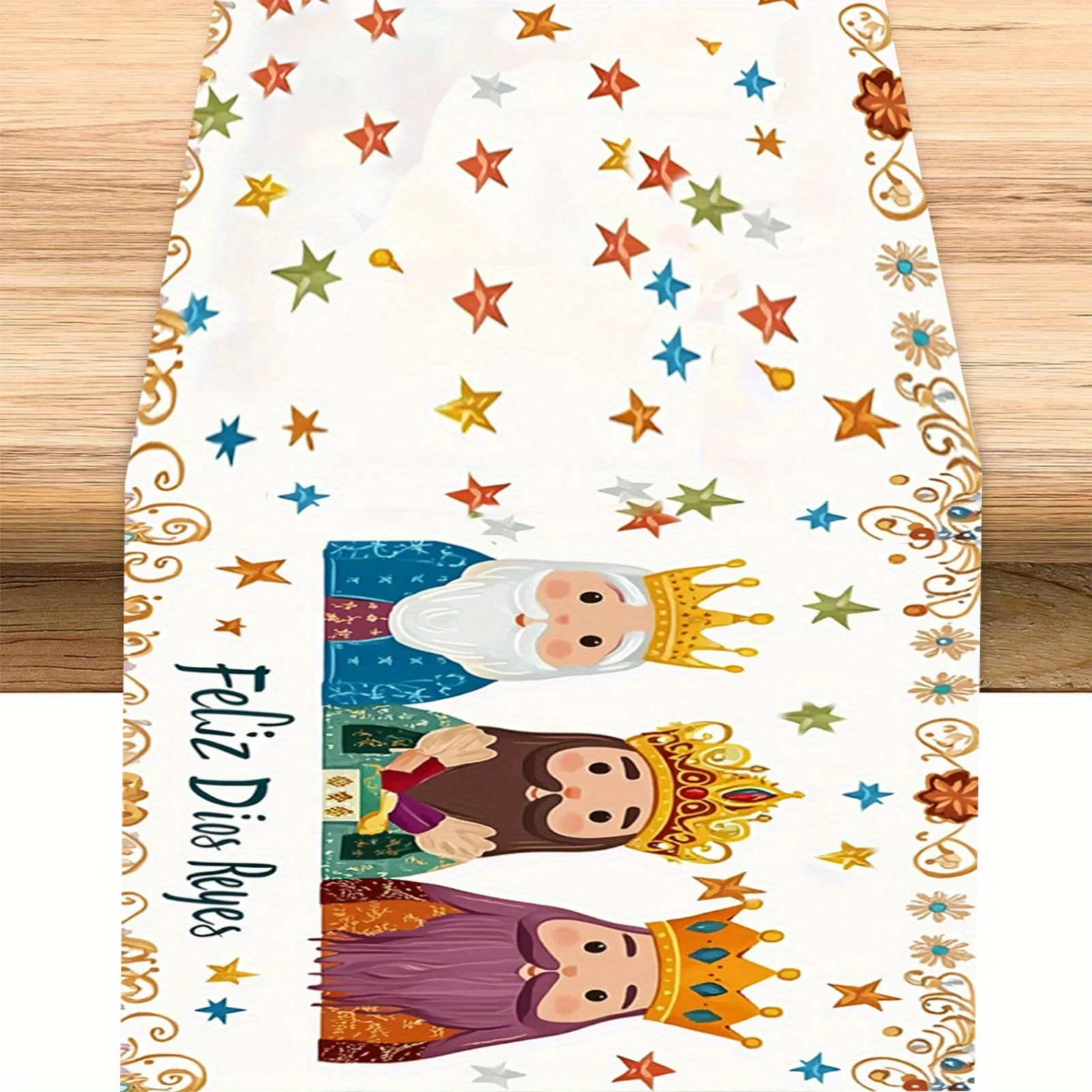 Three Kings Day Table Runner Colorful Star & Crown Design with Feliz Día Reyes Letter Kitchen Dining Decor for Christmas