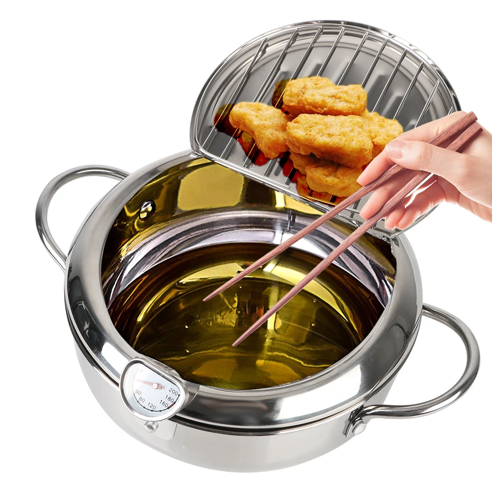 2,2 l Tempura Friteuse mit Thermometer und Deckel Koch werkzeug Frittiertopf Edelstahl 2 Griffe