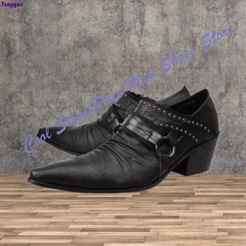 Western Punk Rivet Metal O-Ring Ankle Boots Men Distressed Wrinkle Pointy Toe Mid Chunky Heel Slip Fashion Show Men Dress Shoes