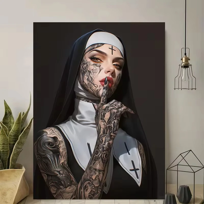 Fashion Girl Tattoo Nun Canvas Poster Wall Art Vintage Elegant Canvas Printing For Living Room, Bedroom And Home Decoration