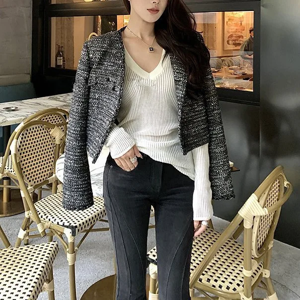 

7395 Spring New French Style Pure Desire High-End Solid Color V-Neck Long Sleeve Hollow Out Waist Slim Knitted Top