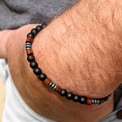 Mens Beaded Black Onyx And Green Plated Hematite Spacers With Wooden Beads 6mm Matte Mat Black Bracelet