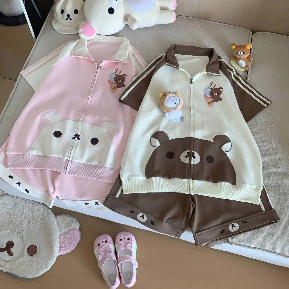 

Japanese Cute Bear Aesthetic Short Sleeved Zipper Cardigan + Elastic Waist Shorts Summer Loose 2 Piece Sets Women Y2k Suits