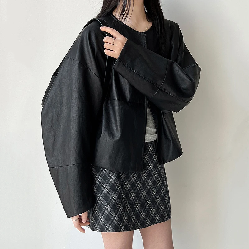 Jaqueta preta feminina solta estilo dinheiro antigo o pescoço couro do plutônio cardigan casaco outono novo minimalista casual topo