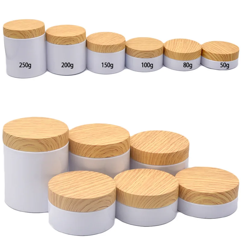 22pcs/lot Empty Plastic Wide Mouth Bottle False Wood Lid 50ml~250ml Cosmetic PET Container White Cream Hair Wax Facial Mask Jars