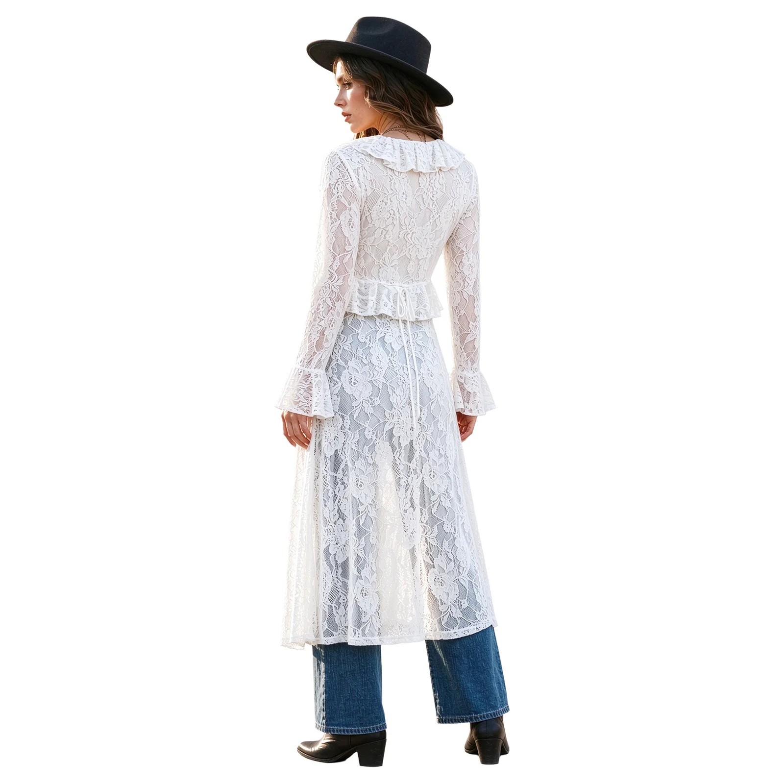 Womens Floral Lace Ruffles Long Cardigan See-thorough Hollow Out Flared Sleeve Tie-front Y2K Outerwear Tops Vacation Streetwear
