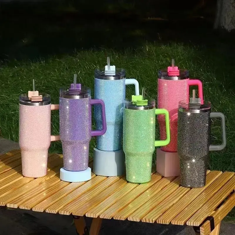Rhinestone Straw Tumbler Insulated 40oz Women Cup Shiny Diamond Travel Car Thermoses Coffee Mug Flask Water Bottle Drinkware