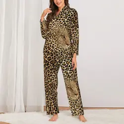 Cheetah Brown Pajamas Woman Hidden Leopard Graphic Kawaii Room Nightwear Autumn Two Piece Casual Oversized Custom Pajama Set