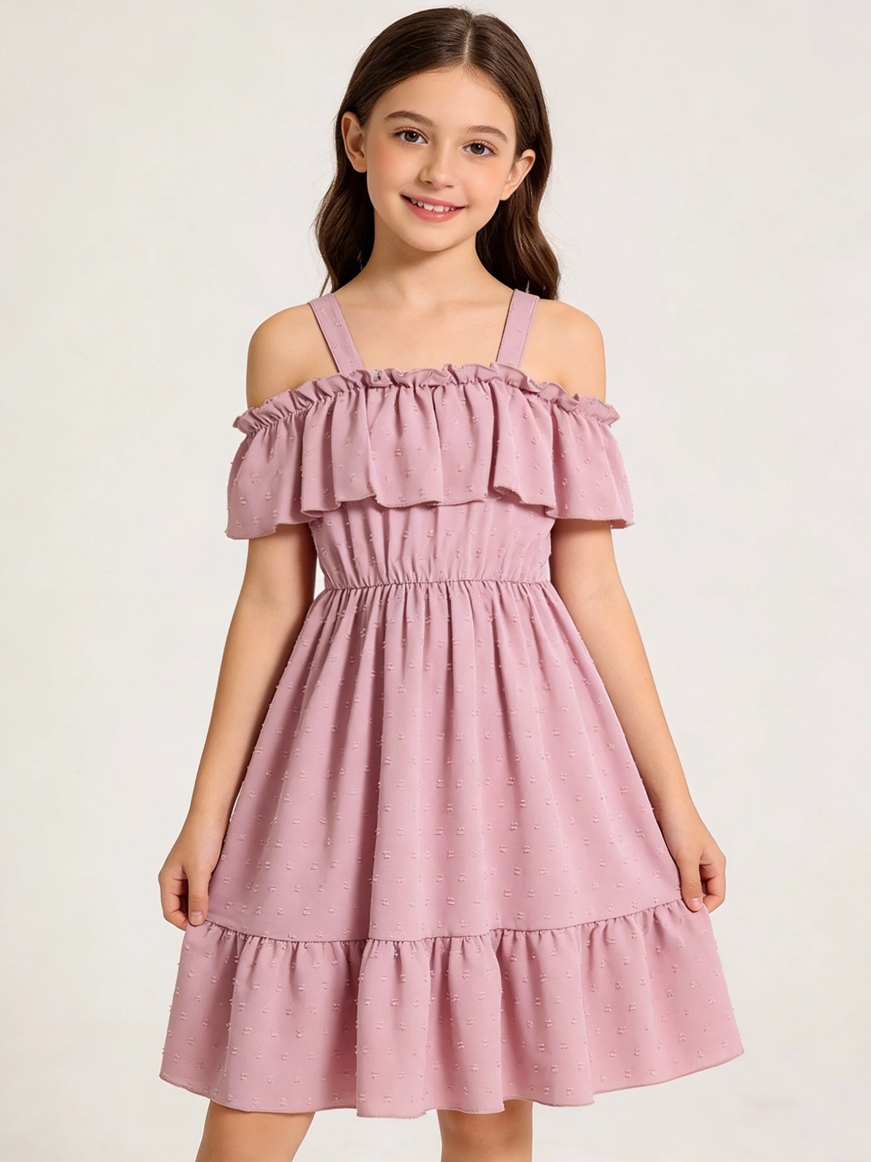 Summer New Girls' Fashionable Sweet One Neck Off Shoulder Solid Color Suspender Dress Children's Dress
