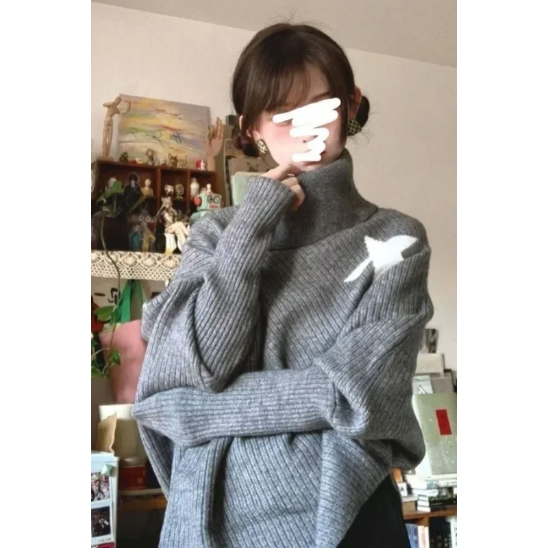 

Серая водолазка-накидка для женщин, осенний новый дизайн, ленивый стиль, свитер с нерегулярной звездой