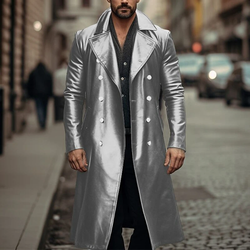 American European Men Long Leather Windbreaker Streetwear Double-breasted Men's Leather Jacket Steampunk Mens Clothing Plus Size - Image 2