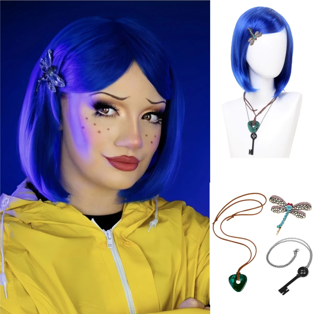 Reewes Blue Bob Wigs for Cosplay Cora Accessories Necklaces Pin Halloween Costume Party Wigs Synthetic Hair