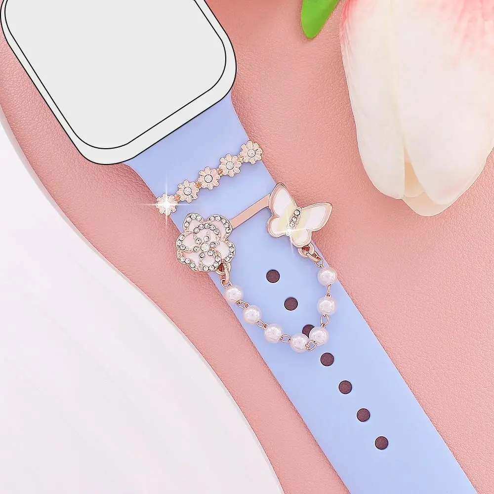 Fashion Metal Watch Band Ornament Pearl Diamond Brooch Decorative Ring Bracelet Wristbelt Charms Strap Accessories