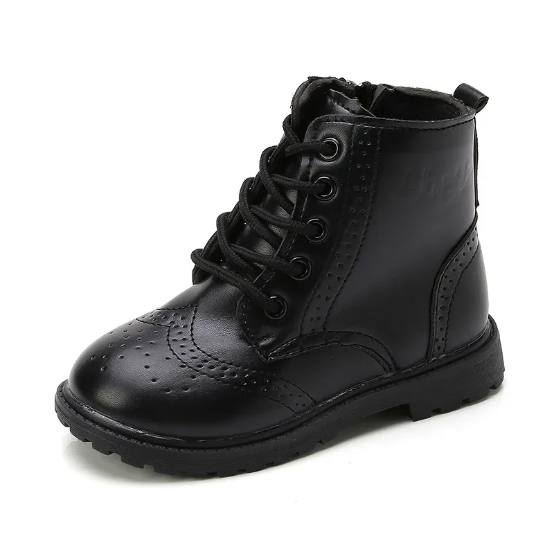 2024 Autumn Winter Kids Ankle Boots Black Leather Fashion Classic Zipper Boys Girls Rubber Boots Size 21-37 Anti-skid Casual New