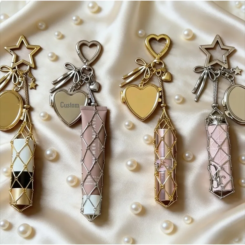 Customized Name Ladies' Lipstick Interchangeable Mesh Pocket High-end Small Mirror Lip Balm Bag  Keychain Bag Accessories