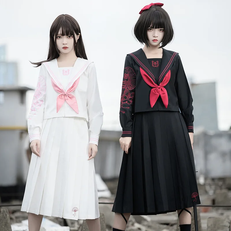 Uniforme giapponese coreana ortodossa Jk ricamata gonna lunga bianca nera cattiva ragazza abito da marinaio abito da laurea set completo per le donne