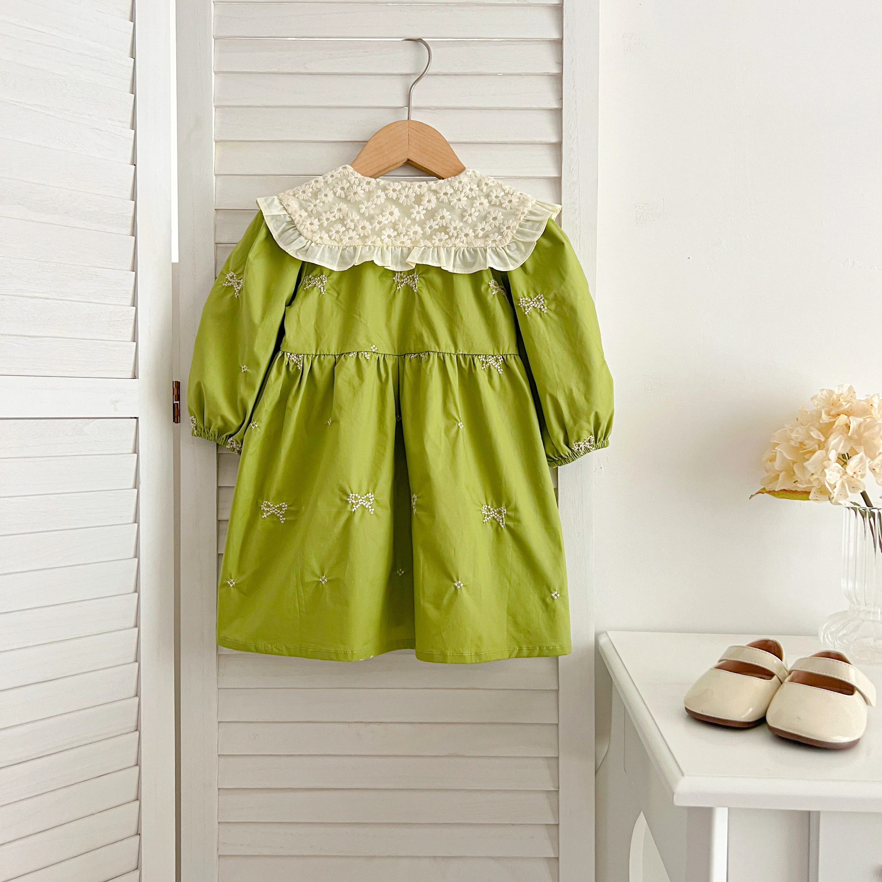 Schwestern Kleidung Säuglings Baby Mädchen Spitze Kragen Kleid Strampler Kinder Baby Mädchen Gestickte Bogen Prinzessin Kleid Familie Kleidung Strampler – Detail 4