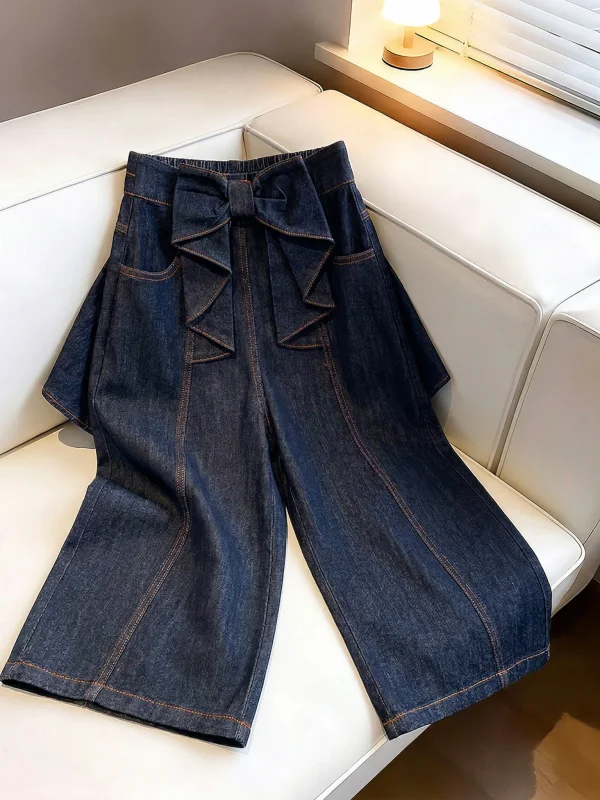 

3D Knot Wide Leg Jeans Women's Spring Summer New Style plus Size Short Girls Retro Street Style Seven-Foot Pants