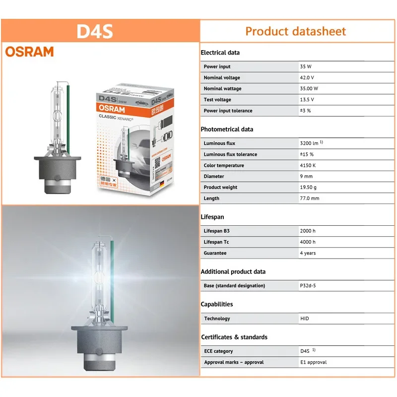 OSRAM Xenon HID Classic Headlight Lamps D1S D2S D3S D4S Standard 4200K Warm White Pair CLC Original Car Light 66140 66240 66340 view 6