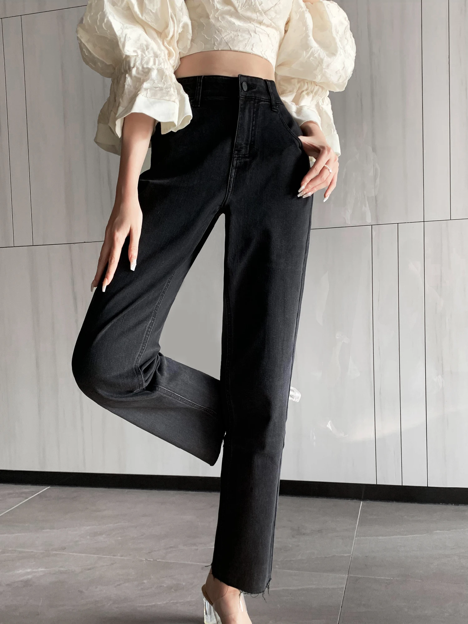 SOOT STRAIGHT NINE-POINT TASSEL  DENIM FEMME STRAIGHT PANTS Y2k VINTAGE JEANS-FORGUNROSES