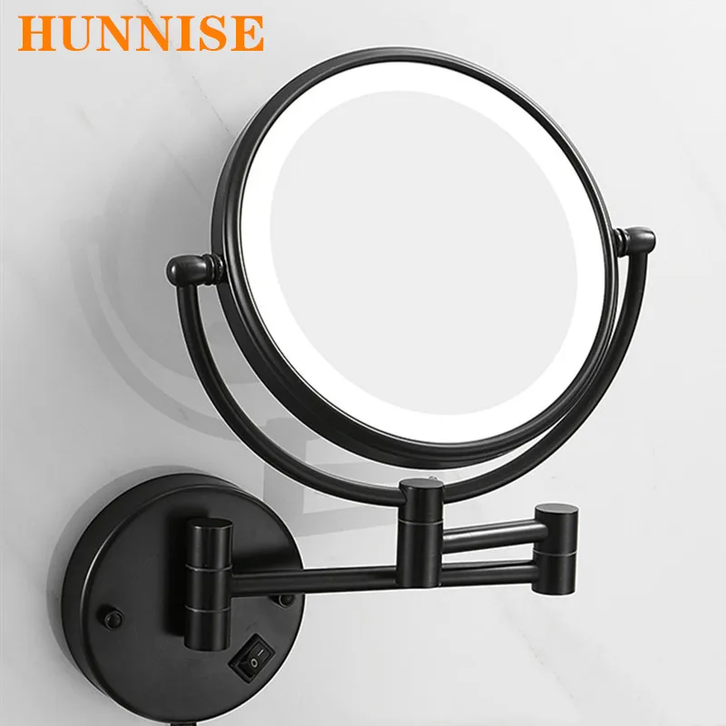 

Folding Bathroom Mirror Hunnise Wall Mounted Hotel Bathroom Makeup Mirrors Quality Brass Matte Black LED Light Bathroom Mirrors