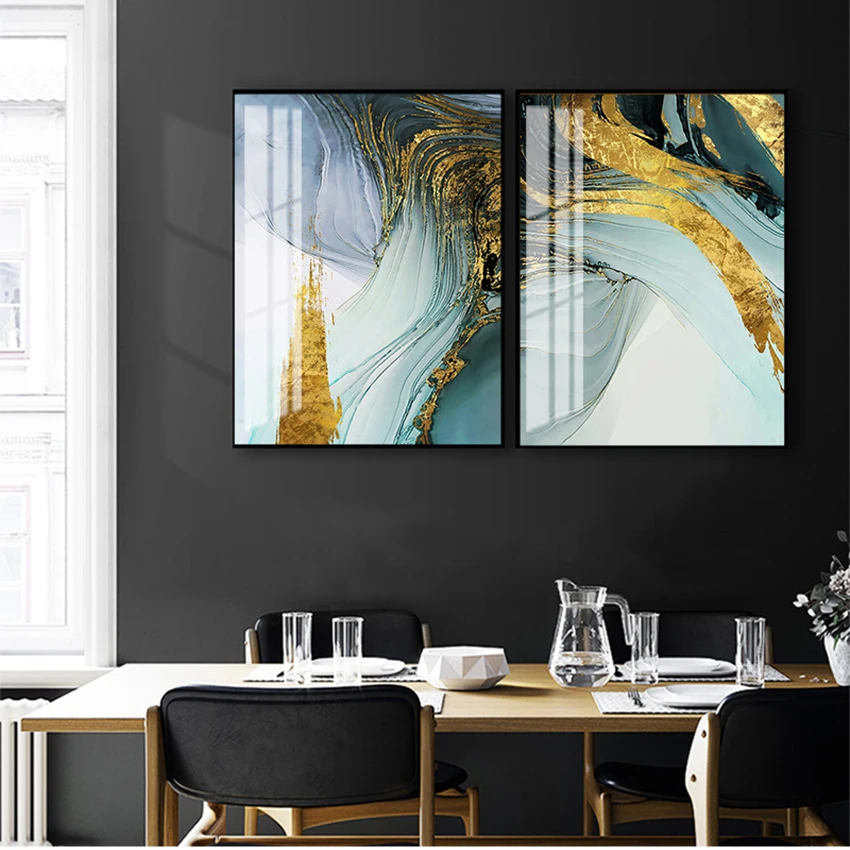 for Living Room Stylish Cuadro Decorativo Modern Abstract Green Gold Foil Canvas Art Fashion Blue and Print Wall Picture