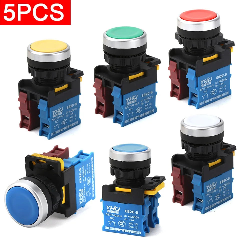 

5 шт. LA36 кнопочный переключатель с самовозвратом, самоблокирующийся, нормально открытый, закрытый XB2, запуск питания, остановка, круглая плоская головка, 22 мм