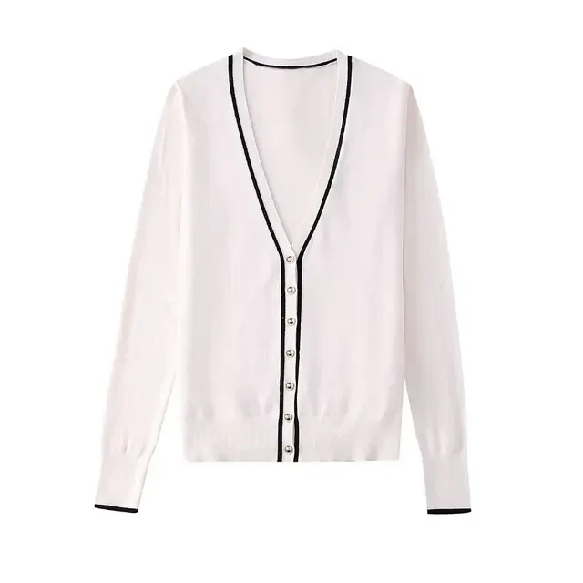 

New Women Summer Fashion Sweater White V-Neck Long Sleeves Buttons Decoration Single Breasted Cardigan Female Casual Top