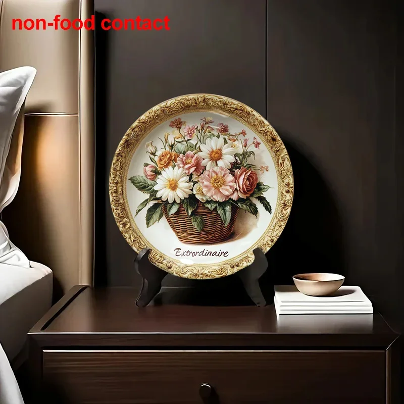 1pc Vintage Floral Ceramic Wall Decor Plate, 8 Inch Round with Golden Frame - Elegant Non-Food Contact Home Decor for