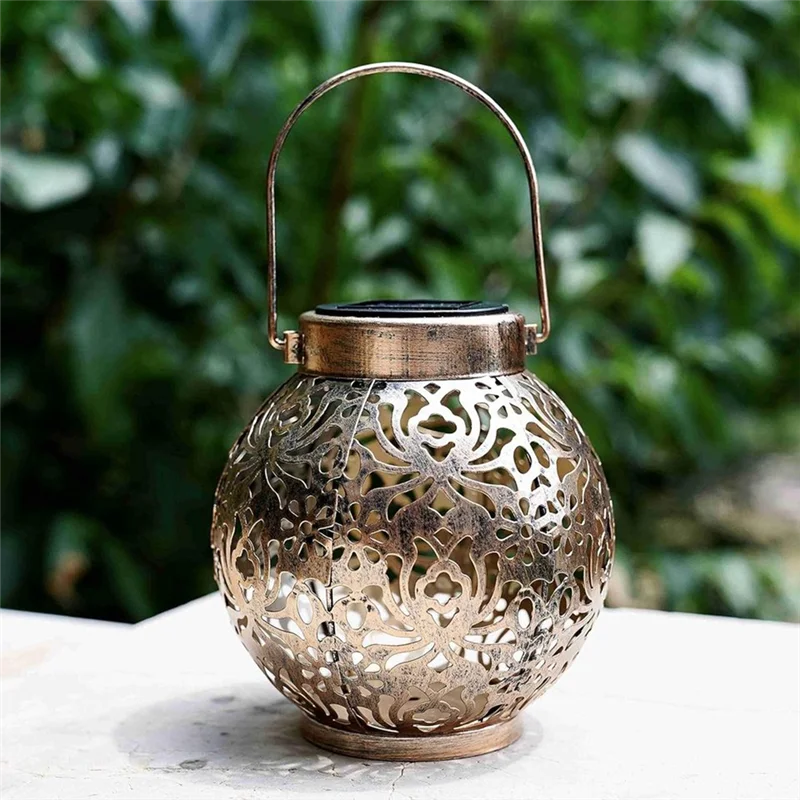AB66-2Pcs Waterproof Solar Lanterns Outdoor Moroccan Metal Hanging Lights For Garden Patio Porch Backyard Decoration