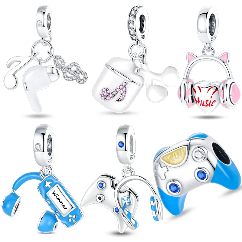 

Hot Sale Charms Fit Pandora 925 Original Bracelet 925 Silver Blue Earphon Zircon Pink Heart Charms Beads Fine DIY Jewelry Making