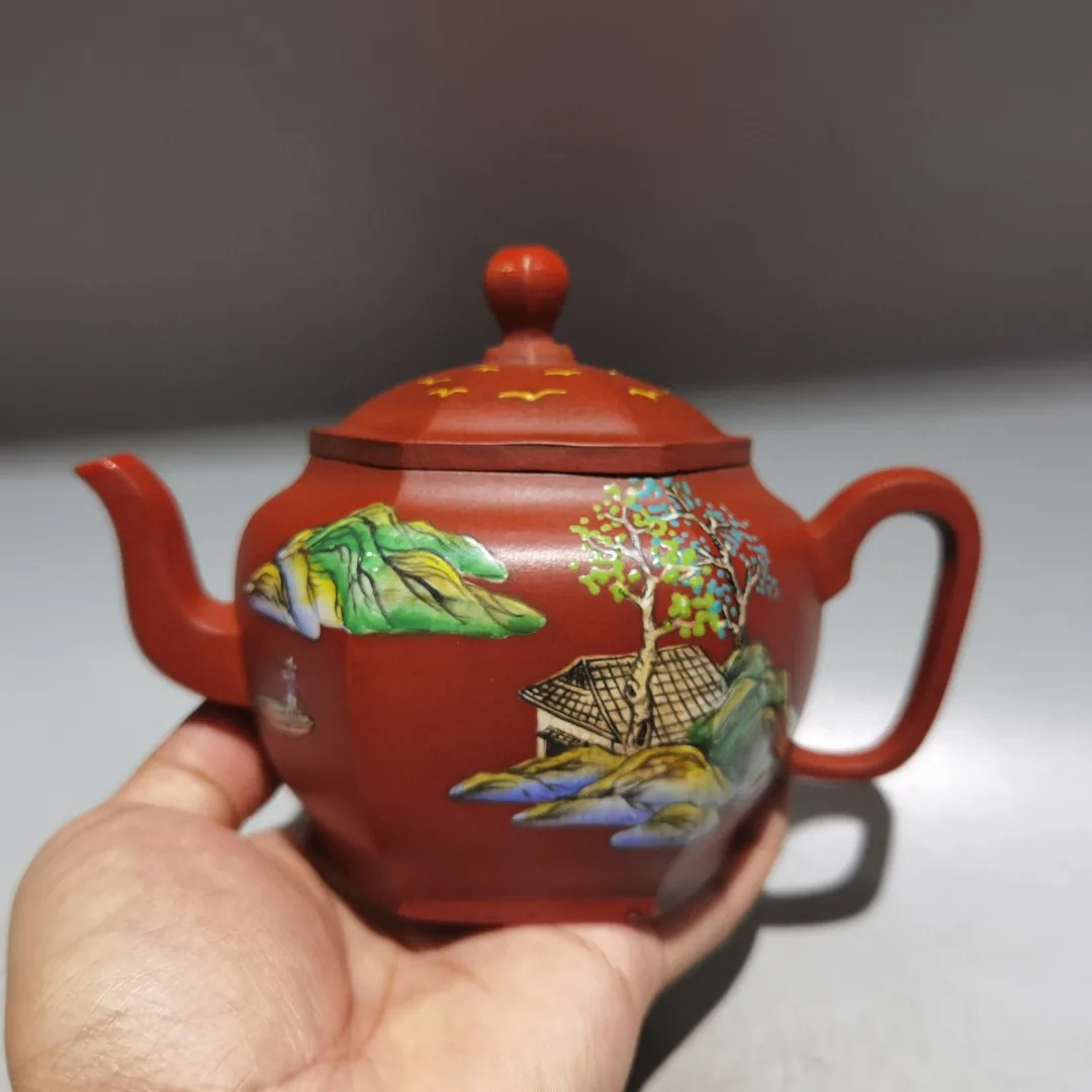 Teapot Purple Clay Pot Six sided painted teapot Landscape and Family Patterns Teapot Kettle Tasting tea ceremony