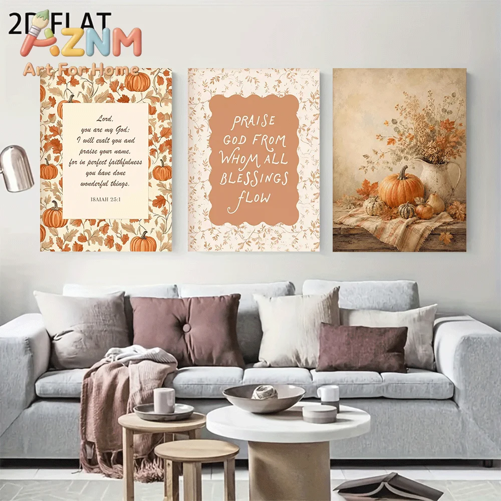 AZNM Frameless Canvas Wall Art, Fall Bible Verse Print, Floral Pumpkin Scripture Vase Dried Flower Watercolor Art Poster for Tha