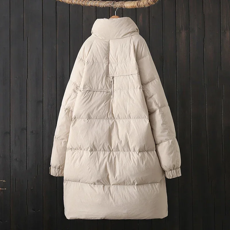 Schinteon Women Down Long Jacket Stand Collar Over Size Casual Warm Autumn Winter Outwear White Duck Down Thick Coat 2024 New