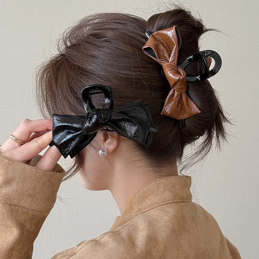

Vintage Leather Bow Hair Claw Clip Large Size Premium Shark Clip for Women Back of Head Updo Daily Elegant Comfortable Stylish