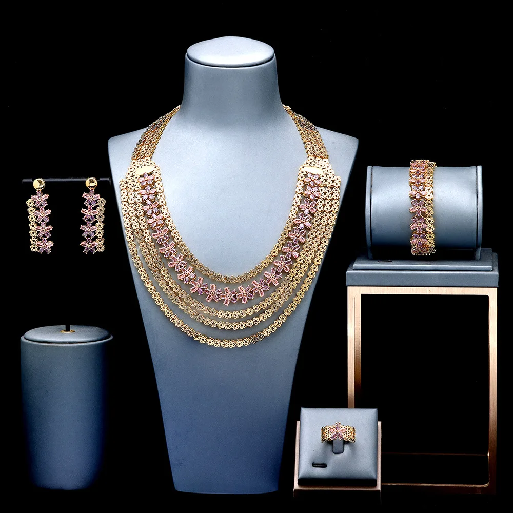 HIBRIDE New Vintage Stunning Women's 4 Piece Necklace and Earring Set Women's Perfect Wedding Bridal Event Luxury Jewelry S-1291