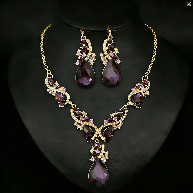 Purple Rhinestone Pendant Necklaces Drop Earrings Bridal Wedding Jewelry Set Vintage Water Drop Necklace Earrings Accessories A