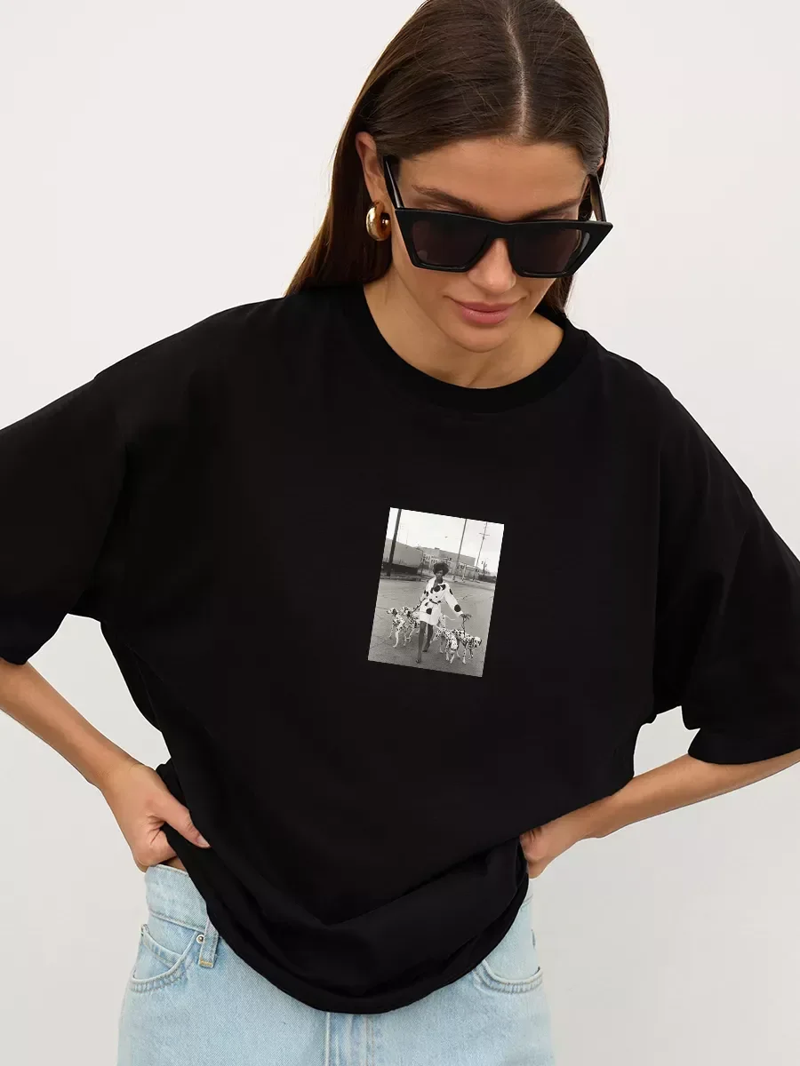 Women Retro Chic Fun Black Print T-Shirt Summer Lazy Trend Style Cotton Short Sleeve Loose Comfortable Daily Casual Basic Tee