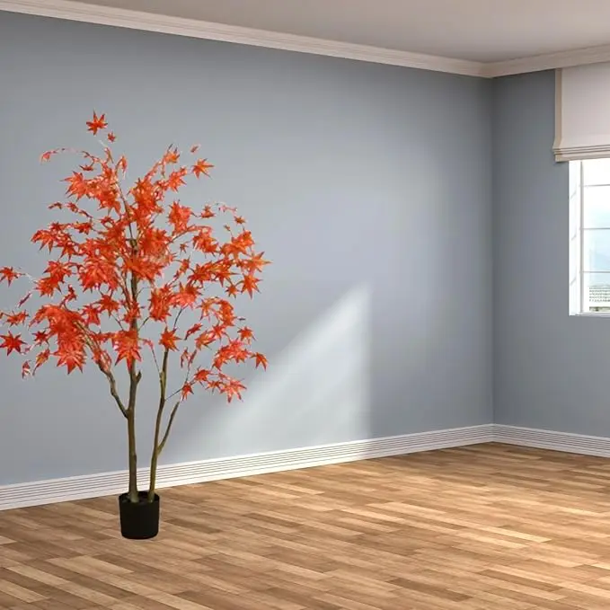 Artificial Maple Tree in Plastic Pot 3.9ft/4.9ft/5.9ft Faux Red Maple Leaves Silk Autumn Maple Artificial Tree for Office House