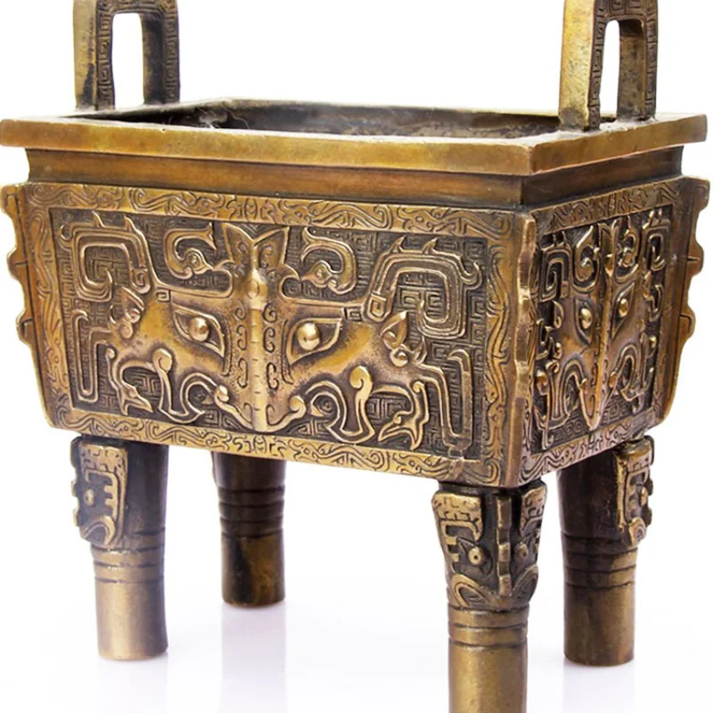Copper Ware Copper Quadripod Decoration Open Tianku Square Source Bronze Tripod Office Desk Business Gift Double Dragon