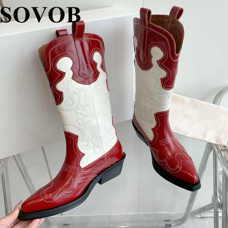 Spring Autumn Genuine Leather Embroidered Design Knee High Boots Women's Color Blocked Retro Thick Bottom Pointed Western Boots