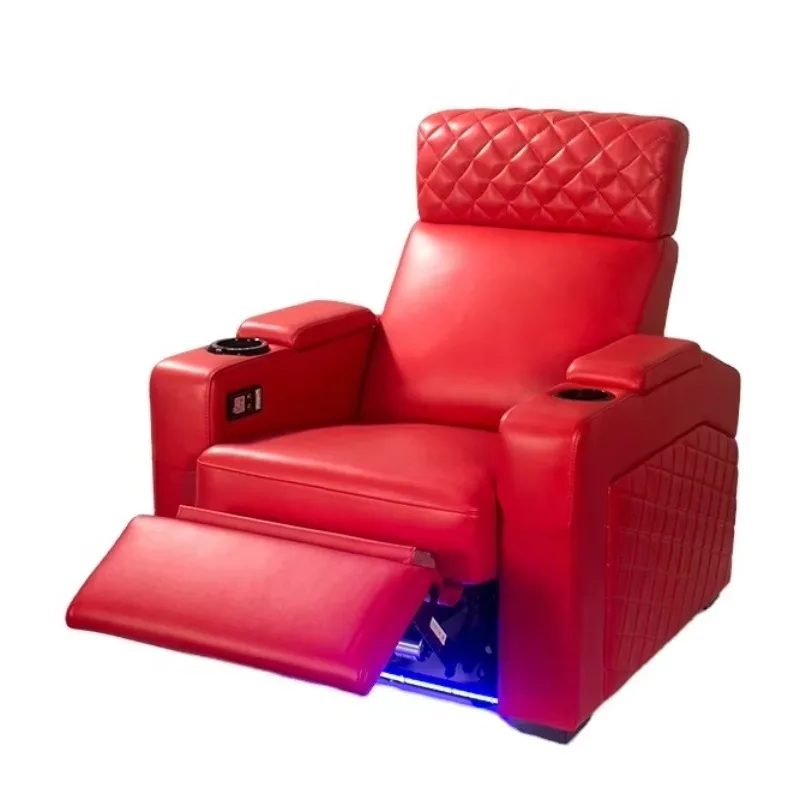 Modern Deluxe Home Red Theater Recliner VIP Room Leather Cinema Sofa With USB Port and Storage Armrest
