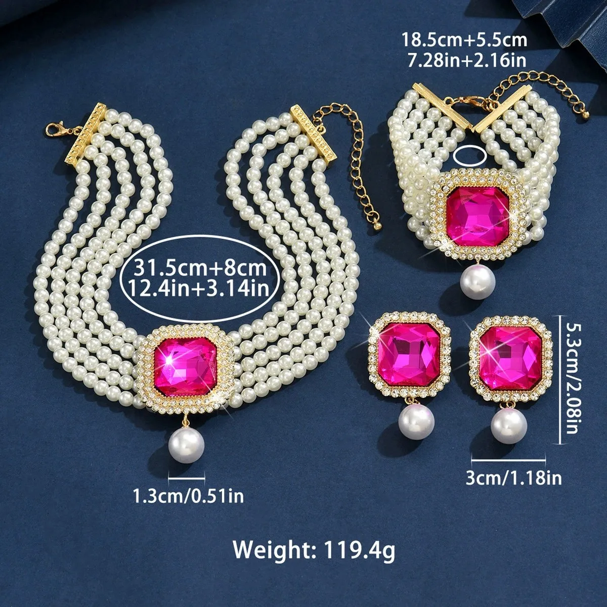 KMVEXO Elegant Crystal Square Imitation Pearl Necklace Bracelet Stud Earrings Set for Women Choker Jewelry Sets Lady Party Gift