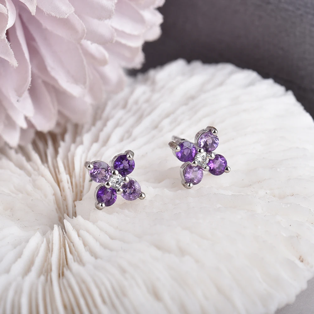 ITSMOS Garnet Amethyst Clover Earrings Stone Flower Diamond Cut Classic Peridot Silver Post Stud Earrings Jewerly Brithday Gift