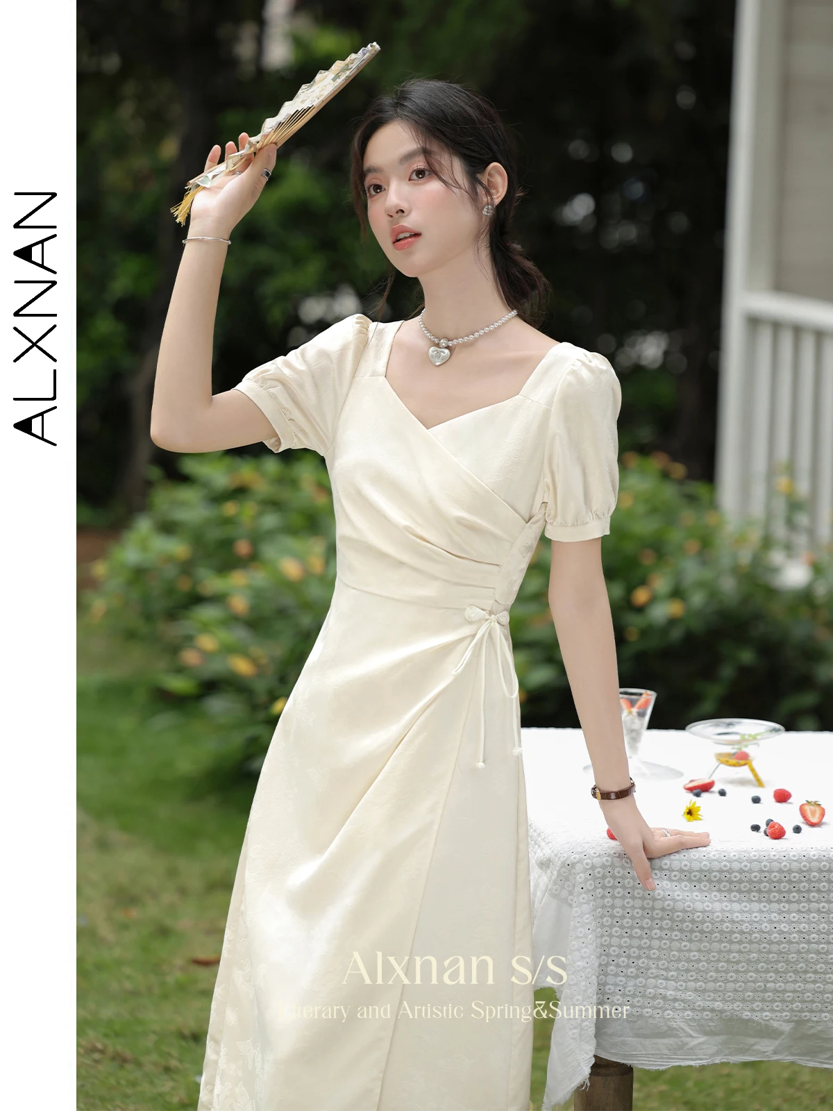 

ALXNAN Ruched Puff Sleeve Long Dresses for Women 2024 Summer New Elegant and Beautiful A-line Temperament Female Dress L36306