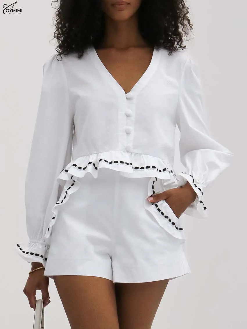 

Oymimi Elegant White Cotton 2 Pieces Set For Woman Fashion V-Neck Long Sleeve Patchwork Shirts And High Waist Ruffled Shorts Set
