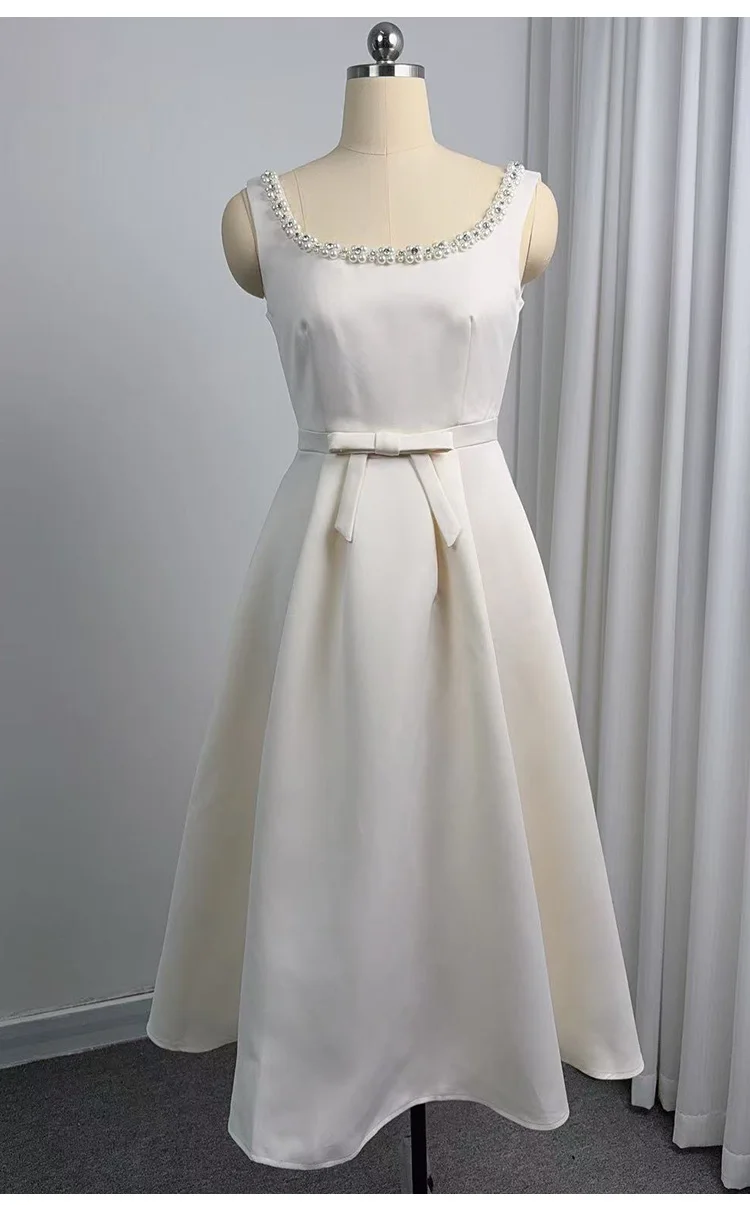 ชุดเดรสสำหรับผู้หญิง ใหม่ สง่างาม แขนกุด คอทรงโอ ชุดเดรสผู้หญิงทรงเข้ารูป ประดับลูกปัด โบว์ ทรงเอไลน์ ชุดเดรสผู้หญิง ชุดเดรสฤดูร้อนสำหรับผู้หญิง Q1929