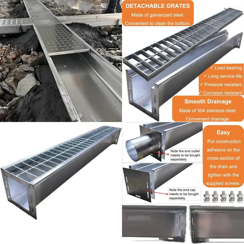 

Усиленный дренажный канал из нержавеющей стали 304 с оцинкованной решеткой, 39,4x5,9x5,5 дюймов, класс B, 28100 фунтов, для 3 труб, для наружного применения