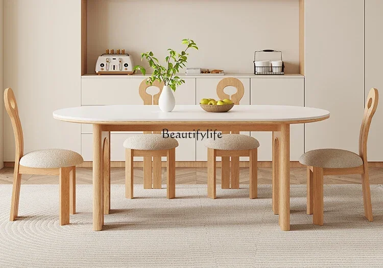 

FG10Log Cream Wind Solid Wood Slate Dining Table Modern Simple Household Rectangle Oval